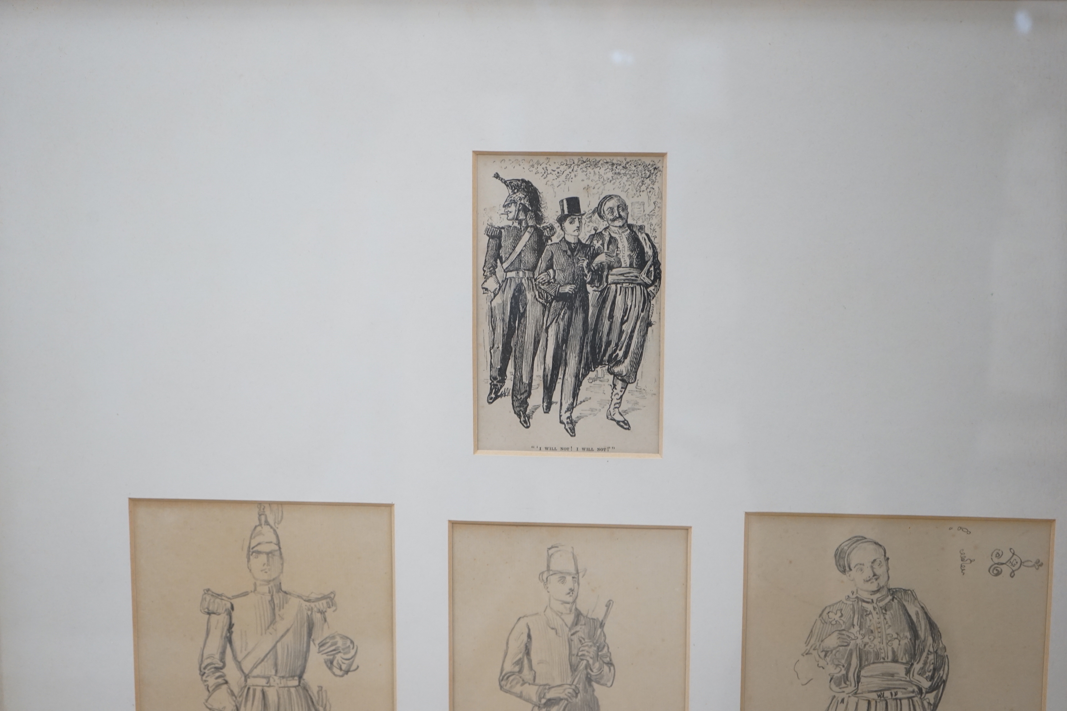 George du Maurier (1834-1896), three pencil sketches for a pen and ink illustration, 'I will not! I will not'; Guardsman, Gentleman and Turk, largest 21 x 13cm